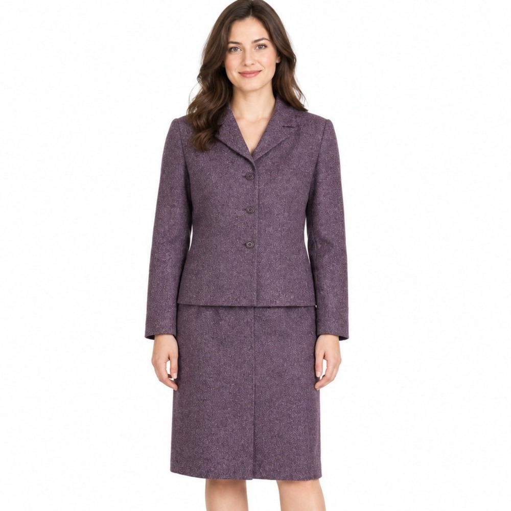Petite Sophisticate Purple Wool Silk Blend Tweed Blazer Skirt Suit Set Vintage